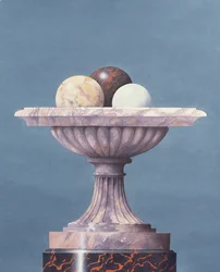 Marmeren vaas, witte, zwarte en gele marmeren bollen