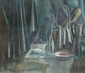 Stilleven met broodmand, kan en wijnglas