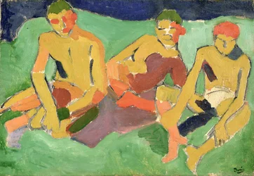 Drie figuren zittend op gras (olieverf op doek)