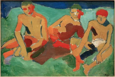 Drie figuren zittend op het gras