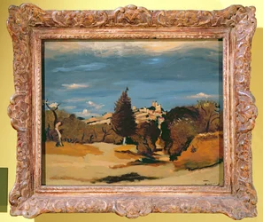 Bomen en dorp, ca. 1932 (olieverf op doek)