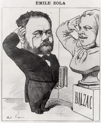 Karikatuur van Émile Zola (1840-1902) die een buste van Honoré de Balzac (1799-1850) groet, 1878