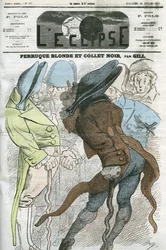 Karikatuur „Blonde pruik en zwarte kraag“. Omslag in „L