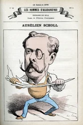 Portret van Aurelien Scholl (1833-1902), Franse journalist, schrijver en komiek. Cartoon door Gill, Parijs