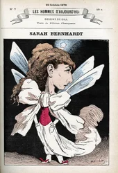 Portret van Henriette Rosine Bernard, bekend als Sarah Bernhardt (1844-1923), Franse toneelactrice. Cartoon door Gill, Parijs