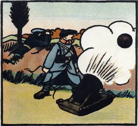 Eerste Wereldoorlog 1914-1918: Bomlanceerder. Een Franse soldaat stuurt bommen naar de vijand met een kanon. Gravure in 