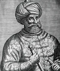 Portret van Khayr al-Din, bekend als Barbarossa (1465-1546), Turks kaper en admiraal, gravure van André Thevet (1502-1590)