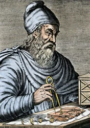 Wetenschappen: Archimede van Syracuse (287-212 v.Chr.), Grieks wiskundige uit de oudheid die een glijdende voet gebruikt voor de plannen van de Archimede schroef, waarvan hij het principe van Egypte lijkt te vertellen en die hij gebruikt om water op te hij