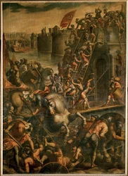 De Doge van Venetië Enrico Dandolo en zijn kruisvaarders bestormen de stad Zara in 1202 (olieverf op doek)