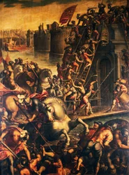Doge van Venetië Enrico Dandolo en zijn kruisvaarders bestormen de stad Zadar in 1202, door Andrea Michieli, Vierde Kruistocht, Kroatië