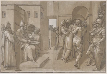 Christus wordt weggeleid, soldaten staan aan de rechterkant van het blad, 1585