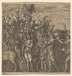 De Triomf van Julius Caesar: Soldaten Marcheren met Oorlogstrofeeën
