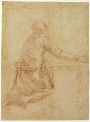 Knielende figuur van achteren (recto); Drie halve studies van gesluierde vrouwelijke figuur (verso)