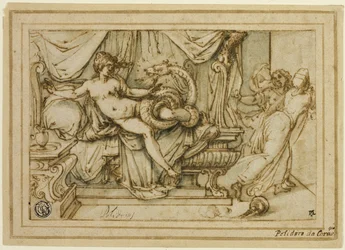 Olympias, moeder van Alexander, bezocht door Zeus in de gedaante van een slang