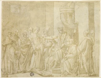 Heiligen Petrus en Paulus discussiëren met Simon Magus voor Nero (recto); Vijf scènes uit het verhaal van Mozes (verso)