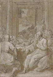 Het Laatste Avondmaal, met een uitzicht op Christus in de Hof van Olijven door de deur aan de achterkant