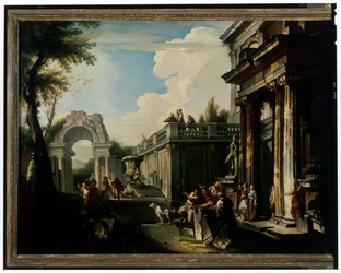 Architectonische capriccio met fontein