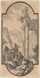 Figuren bij de ruïnes van een Korinthische tempel recto, Fragment van een boog tracing van recto verso