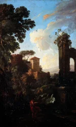Landschap met ruïnes en schilder, door Andrea Locatelli