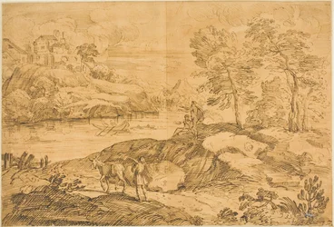 Rivierlandschap met man en ezel, baders