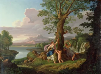 Rivierlandschap met een nimf die een tak van een bloedende boom plukt