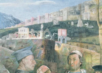 Aankomst van Kardinaal Francesco Gonzaga; detail van de achtergrond met een geïdealiseerd uitzicht op Rome