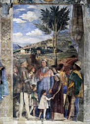 L. Gonzaga, zijn zonen Kardinaal Francesco Gonzaga, Federico I Gonzaga, Francesco, Sigismondo, rechts, Heilige Roomse Keizer Frederik III, Christiaan I van Denemarken, Ontmoetingsmuur (detail)