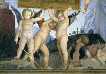 Putti met vlindervleugels die de opdrachtplaquette dragen, uit de Camera degli Sposi of Camera Picta, 1465-74, frescodetail van 78449