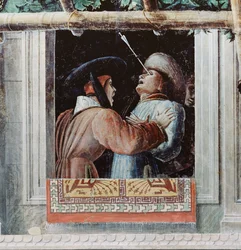 Het martelaarschap van Sint-Christoffel, detail van een man die met een pijl door het oog is geschoten, ca. 1450-56