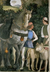 Twee stalknechten met het paard en de honden van Lodovico Gonzaga (fresco)