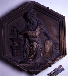 Harmonie, zeshoekige decoratieve reliëftegel uit een serie die de zeven vrije kunsten uitbeeldt, mogelijk gebaseerd op ontwerpen van Giotto (c.1266-1337) c.1334-48