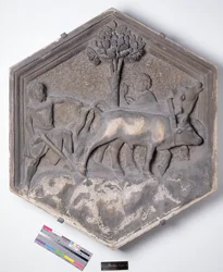 De kunst van de landbouw, zeshoekige decoratieve reliëftegel uit een serie die de beoefenaars van de kunsten en wetenschappen uitbeeldt, mogelijk gebaseerd op ontwerpen van Giotto (ca. 1266-1337) ca. 1334-1348
