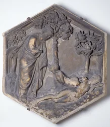 De schepping van Eva, zeshoekige decoratieve reliëftegel uit een serie die episodes uit Genesis illustreert, mogelijk gebaseerd op ontwerpen van Giotto (ca. 1266-1337) ca. 1334-48