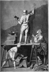Voorbereiding van het gips voor een fresco schilderij (affresco). Tekening door Chevignard naar Andrea Pozzo.