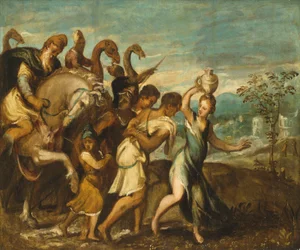 Koning Saul wordt in triomf begroet nadat David Goliath heeft verslagen