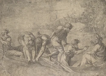 Het Wonderbaarlijke Vangst van de Vissen, Christus rechts vergezeld door apostelen