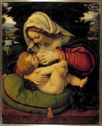 De Maagd met groen kussen, schilderij van Andrea Solario (1460-1522), 15e eeuw, 0,59 x 0,47 m