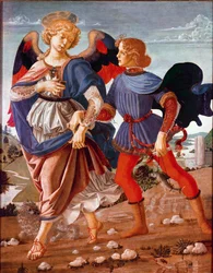 Tobias en de engel: Tobias, door zijn blinde vader belast met het vinden van de vis, wordt begeleid door de aartsengel Rafaël. Schilderij uit de school van Andrea del Verrocchio (1435-1488), 1470-1480. National Gallery, Londen