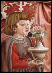 Maagd en Kind met twee engelen, Sint Johannes de Doper en een andere heilige, en twee kinderen van de Pazzi-familie (detail)