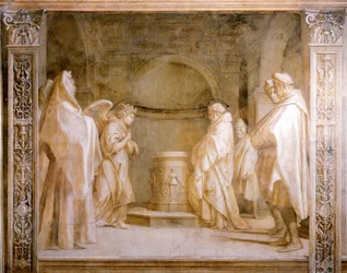 Engel die de geboorte van een kind aankondigt aan Zacharias, detail uit Verhalen van de Maagd door Andrea del Sarto