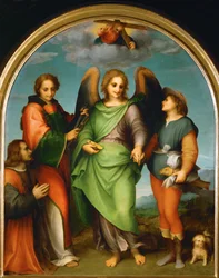 Aartsengel Rafaël en Tobias, de heilige Laurentius en de schenker, Leonardo di Lorenzo Morelli (schilderij op hout)