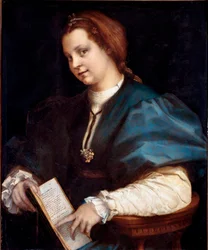 Portret van een onbekende (Dame bij Petrarchino, de vrouw houdt een exemplaar van de Canzoniere van Petrarca in haar handen)