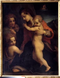 De Maagd, het Kind Jezus, Sint Jan en Twee Engelen Schilderij door Andrea del Sarto (1486-1531) 16e eeuw