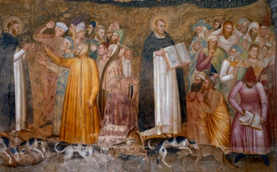 Triomf van de militante kerk: Thomas van Aquino voor de ketters en rechtsonder Fra Dolcino verscheurt de officiële leer van de kerk. Kapel van de Spanjaarden (detail van de fresco, 1365)