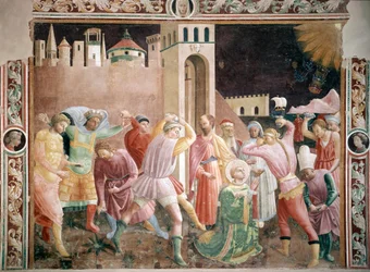 Steniging van St. Stefanus Fresco door Andrea di Giusto (actief rond 1424-1450) 1430-1450 Kathedraal van Prato, Kapel van Assunta Prato Italië