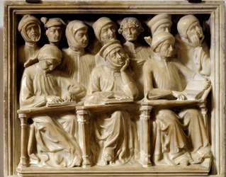 Grafboog van Bartolomeo da Saliceto: studenten die een cursus bijwonen (sculptuur)