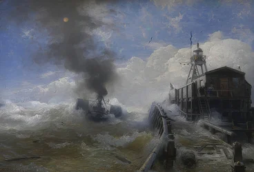 Een sleepboot verlaat de haven van Oostende bij vloed. 1878