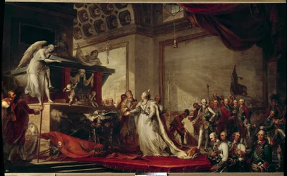 Keizerin Catharina II van Rusland plaatst de trofeeën genomen van de Turken voor het graf van Peter de Grote