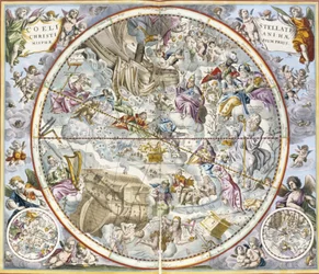 Kaart van de christelijke sterrenbeelden zoals afgebeeld door Julius Schiller, uit De hemelse atlas, of De harmonie van het universum, Atlas coelestis seu harmonia macrocosmica, uitgegeven door Joannes Janssonius, Amsterdam