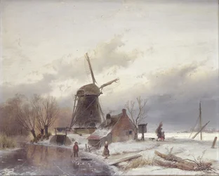 Een bevroren rivierlandschap met een windmolen